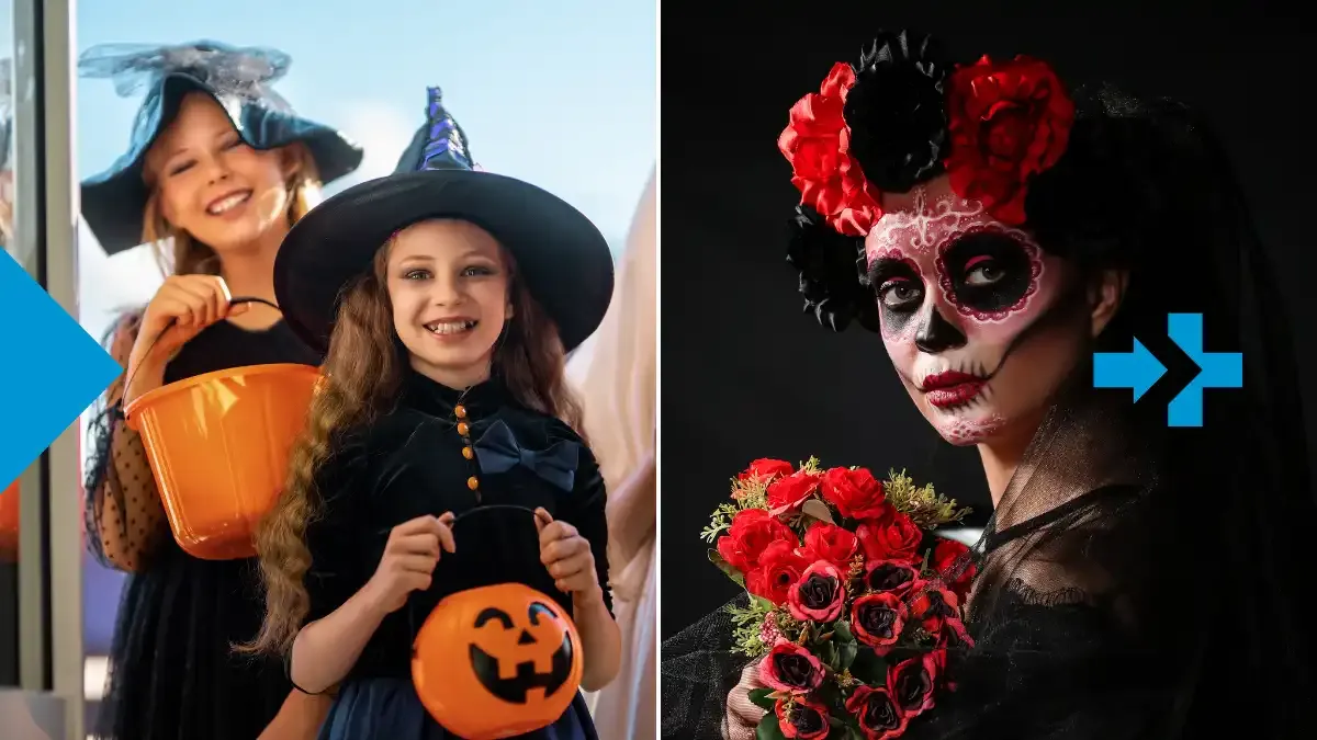 Two contrasting celebrations: children in Halloween costumes smiling with pumpkin buckets, and a woman in Día de los Muertos makeup holding red roses.