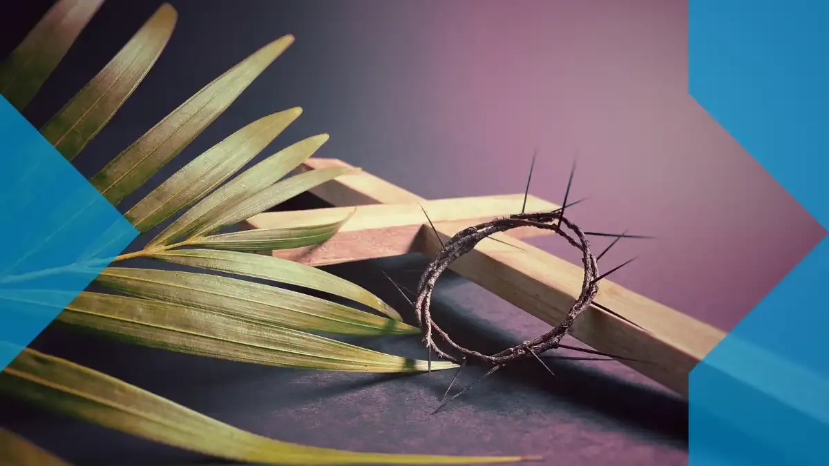 Palm leaves, a wooden cross, and a crown of thorns arranged together as symbols of Holy Week, representing reflection, faith, and the importance of planning support from abroad with sendvalu.