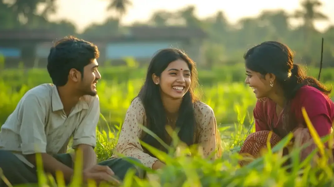 Young Bangladeshis laughing in a field, representing the joy and connection enabled by mobile top-ups.