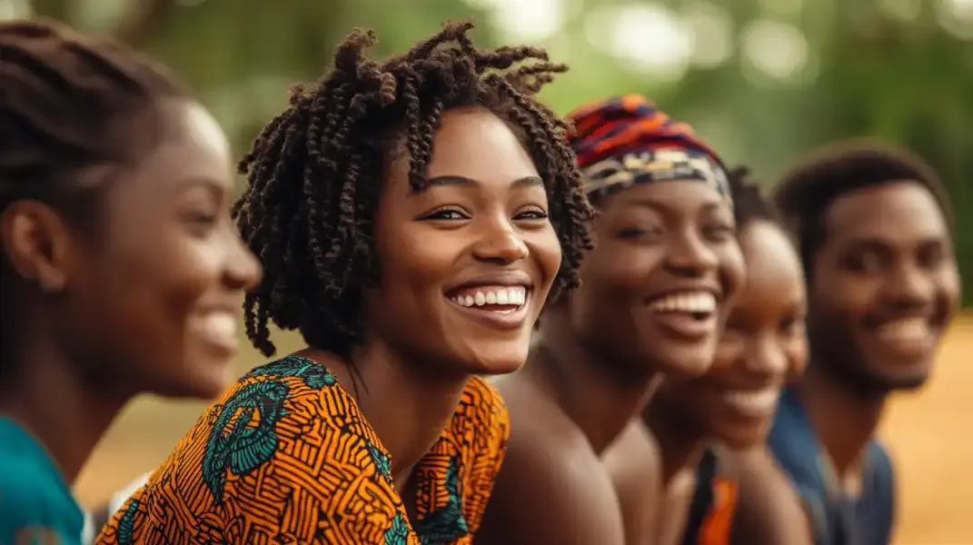 Smiling woman in traditional Beninese clothing surrounded by friends, symbolizing support and connection within the community.