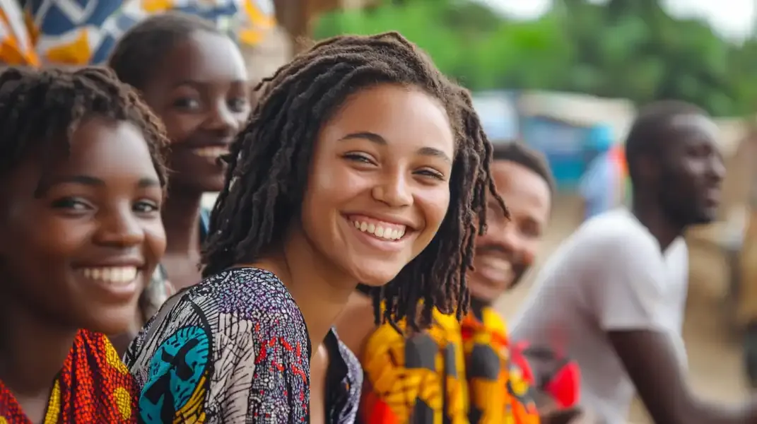 Group of cheerful young people in Benin smiling outdoors, representing easy communication through mobile top-ups.