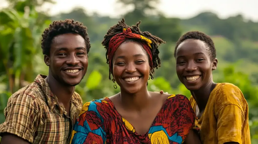 Three smiling young Cameroonians outdoors, symbolizing family unity and financial support through remittances.
