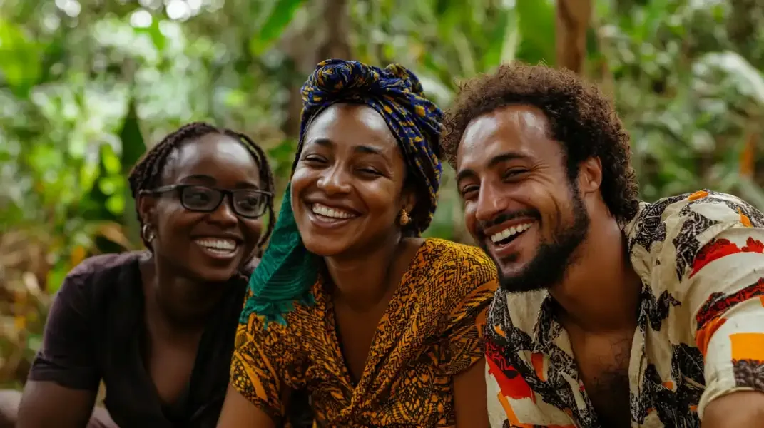 Group of friends in Cameroon smiling together, representing connectivity and access through mobile top-ups.