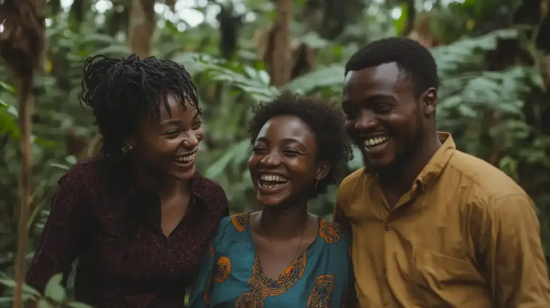 Happy Cameroonian friends sharing a moment, reflecting the joy of digital gift cards.