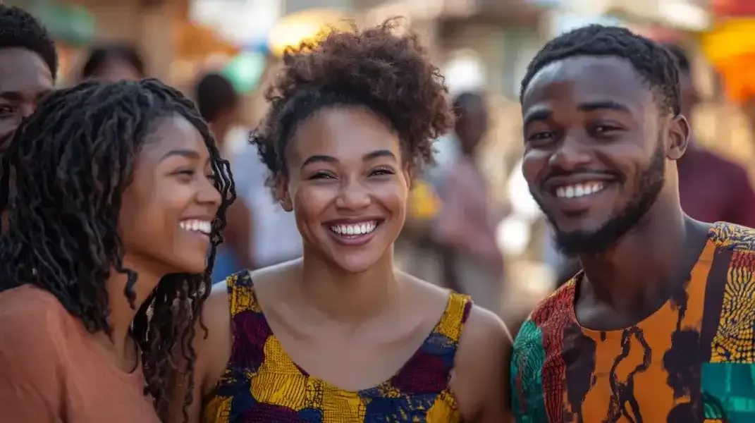 Young Ghanaians laughing together outdoors in vibrant local attire, symbolizing connection and communication.