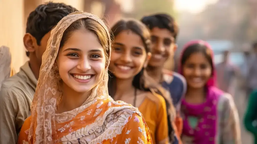 Smiling young girl in traditional attire standing with friends in India.