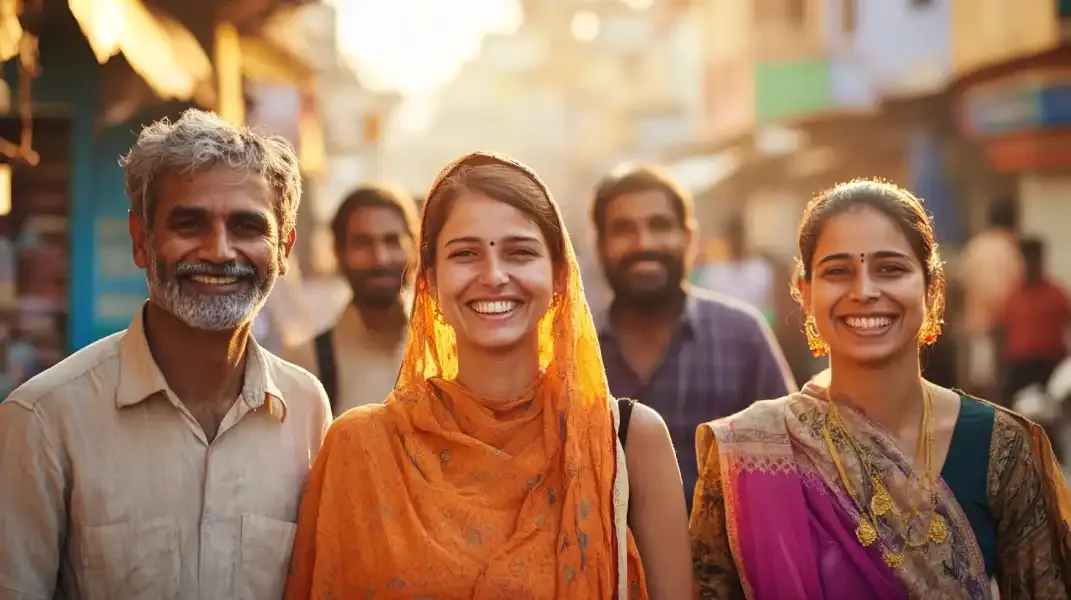 Indian family smiling together in traditional clothing during golden hour.