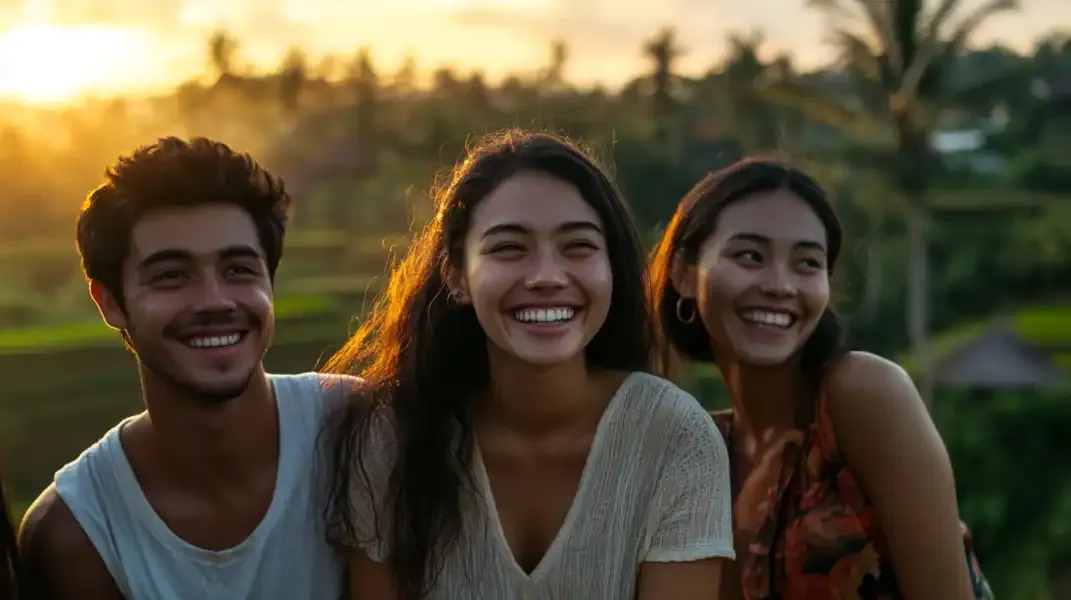 Group of young Indonesians smiling at sunset with rice fields in the background.