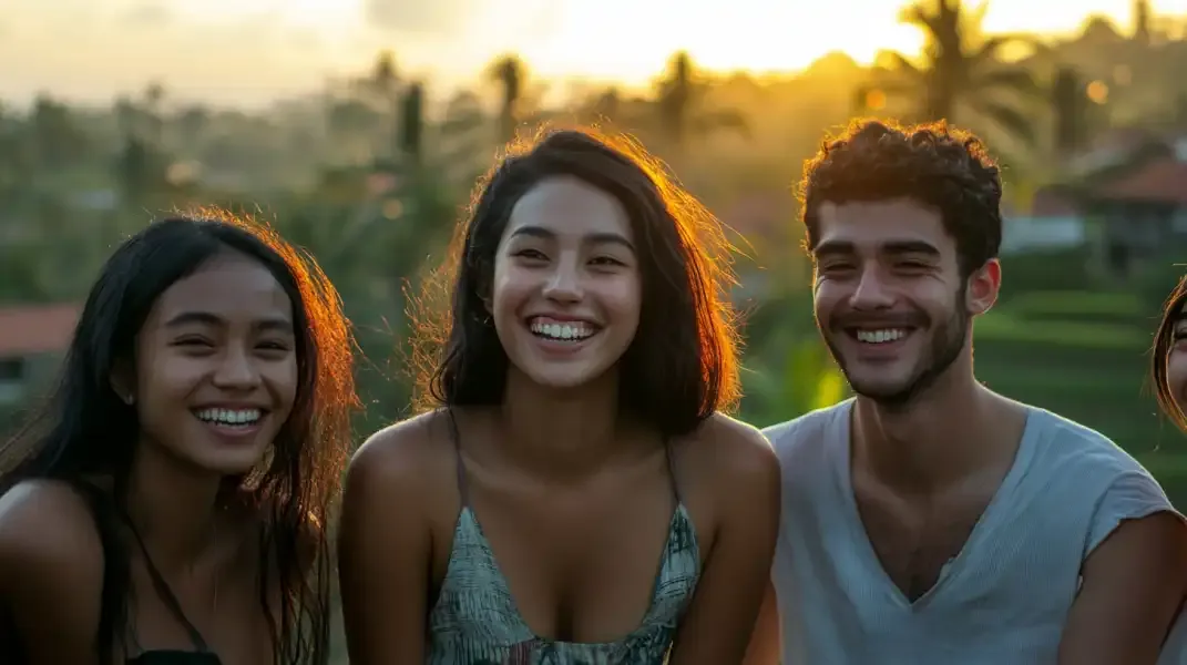 Happy Indonesian friends outdoors during sunset, enjoying time together in nature.