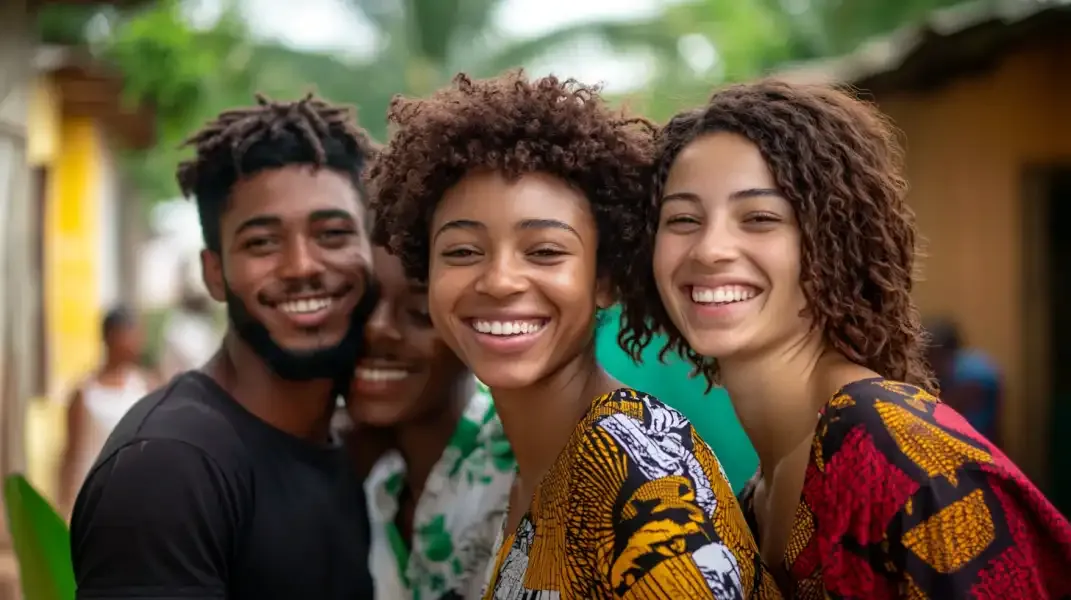 Smiling young woman with friends in Ivory Coast, symbolizing connection and joy.