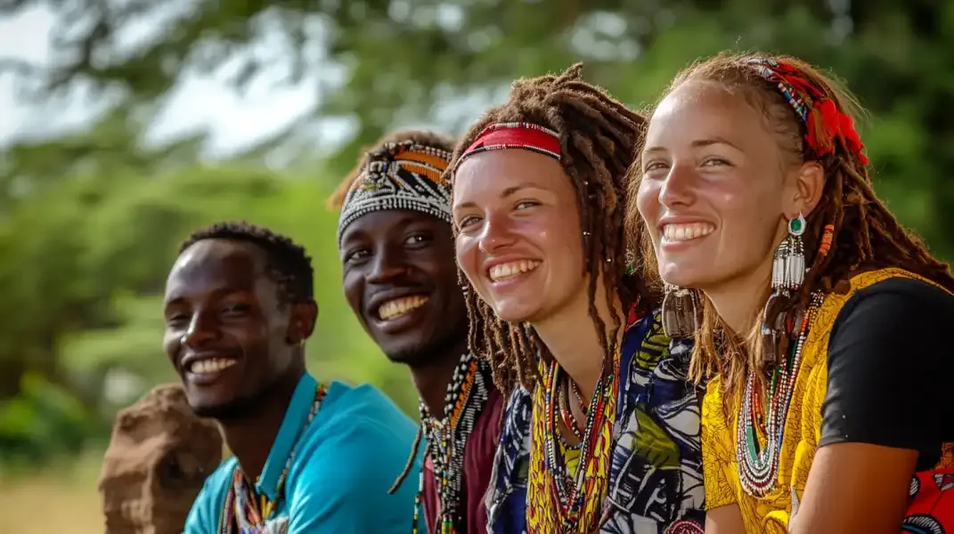 Smiling friends in traditional attire sitting together in Kenya, sharing a joyful moment.