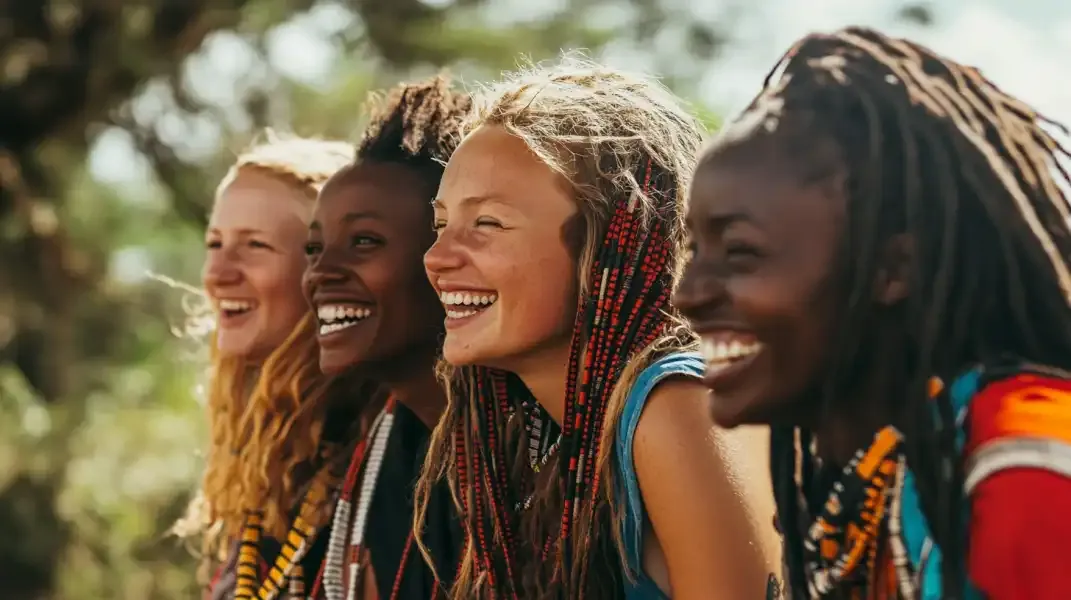 Three people in colorful traditional Kenyan clothing smiling warmly, representing celebration and togetherness.