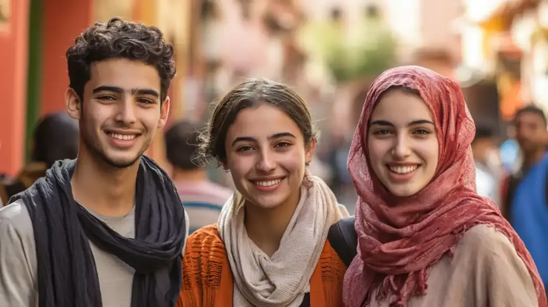 Group of young Moroccans laughing together in an outdoor setting, dressed in traditional and modern styles.