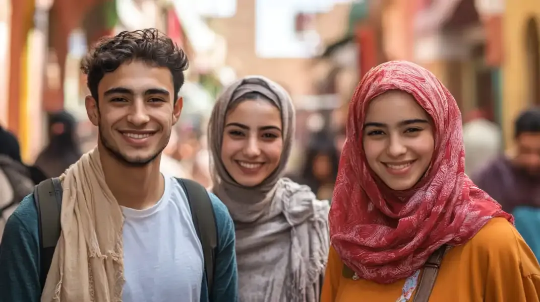 Happy Moroccan friends walking through a local street, enjoying their day with bright smiles and backpacks.