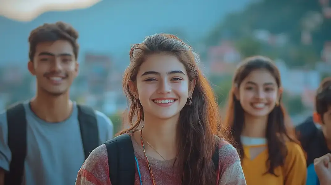 Smiling young people outdoors in Nepal, symbolizing family unity and financial support.