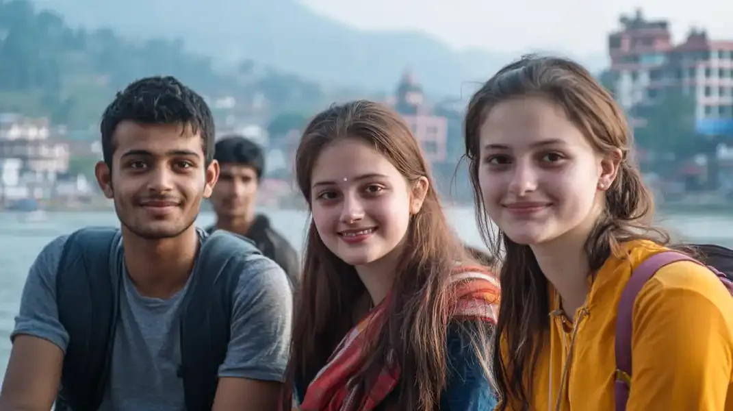 Friends sitting together near water in Nepal, smiling and connected.