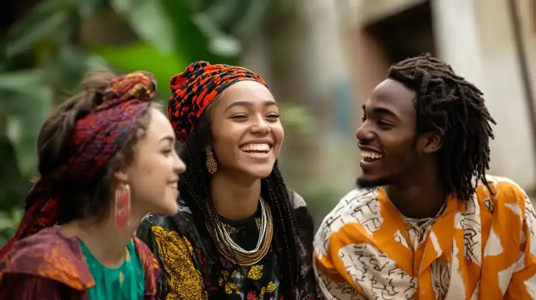 Three friends smiling in traditional Nigerian attire, enjoying time together outdoors.