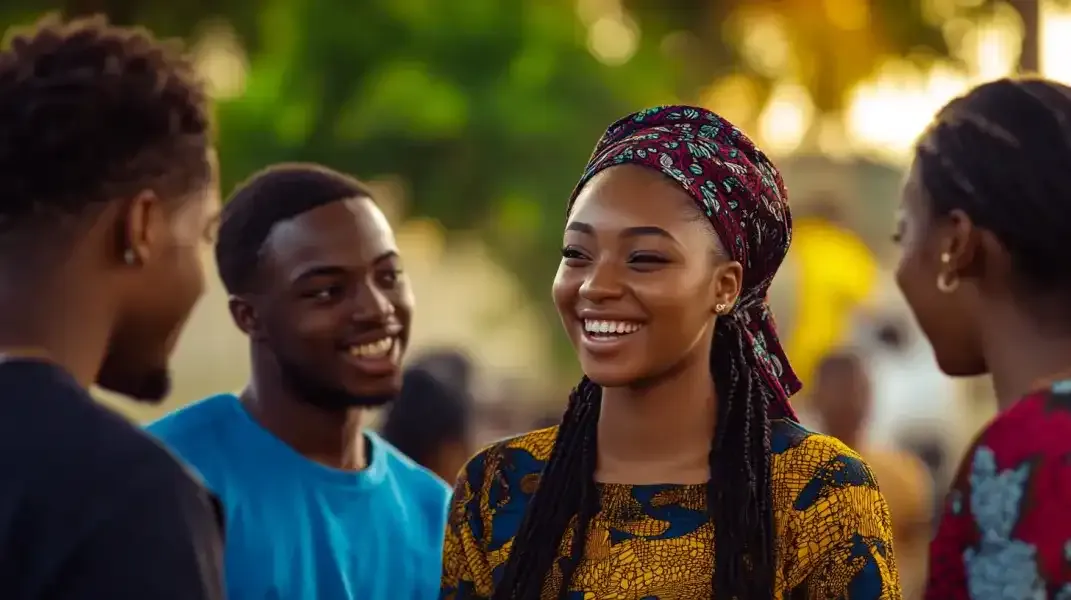 Young Nigerians smiling at a gathering, dressed in colorful local fashion.