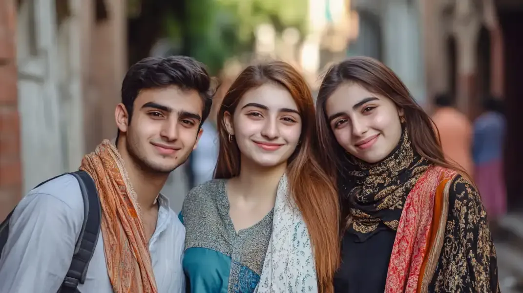 Three young people standing together in a Pakistani street, smiling and connected through mobile communication.