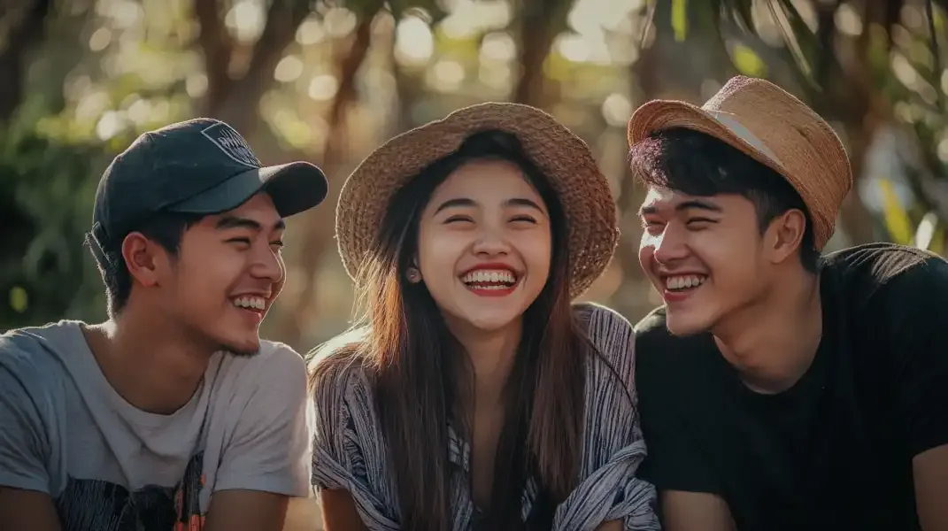 A happy group of Filipino friends laughing together in a sunny park.