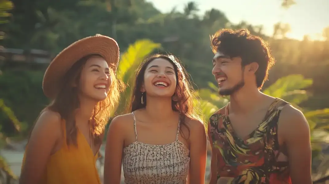 Three young Filipinos enjoying a carefree day on a tropical beach.
