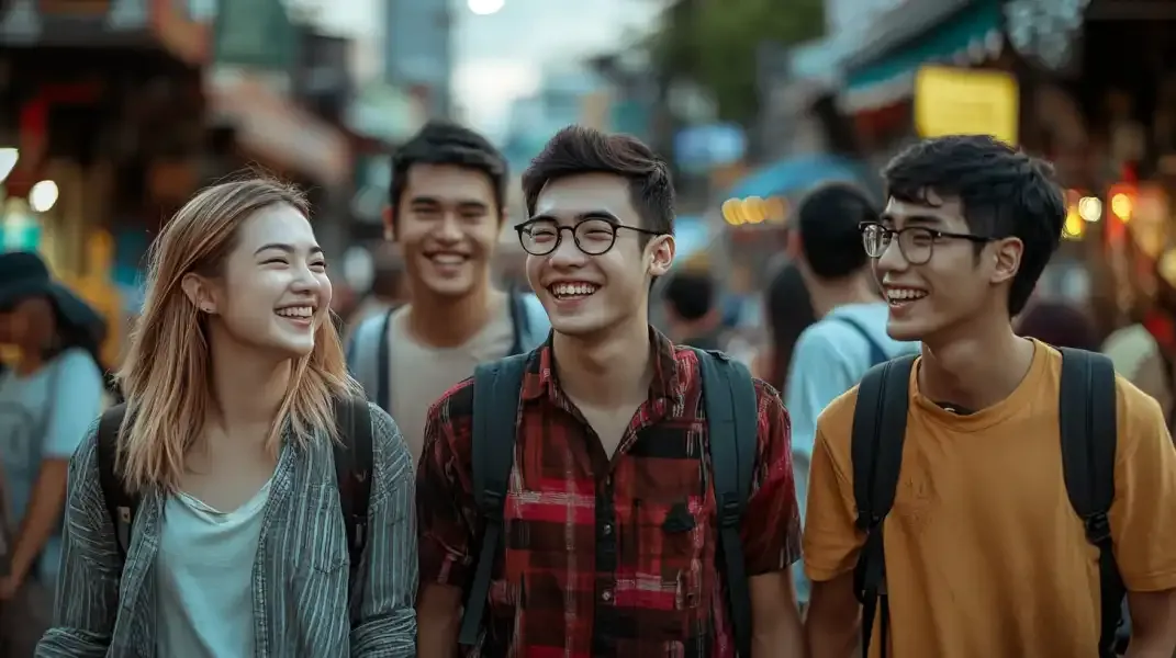 Three young Thai friends smiling together outdoors at sunset, symbolizing connection and shared happiness across distances.