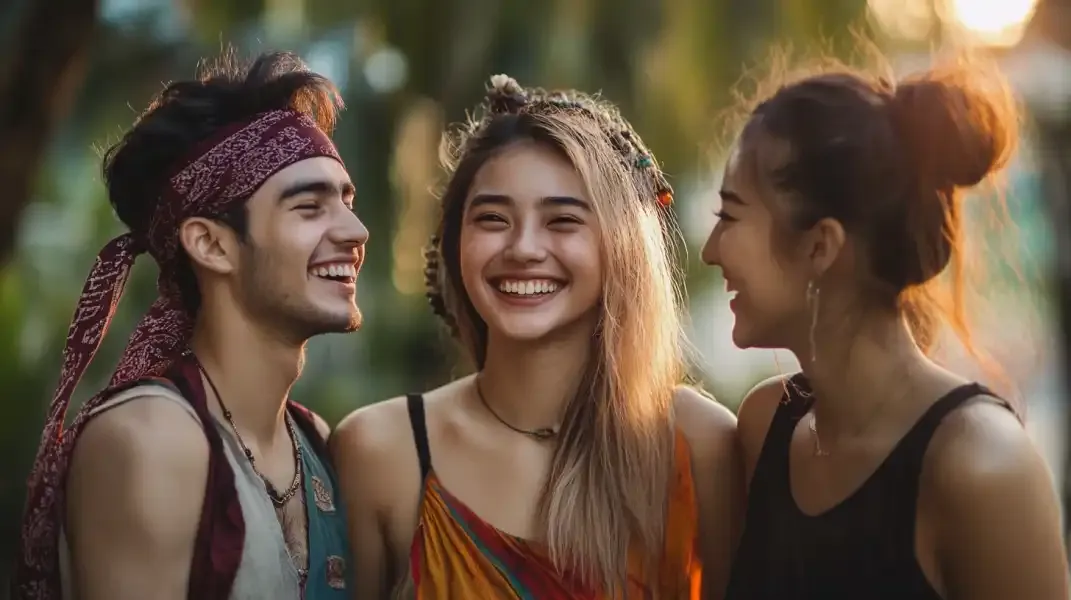 Group of cheerful young people smiling and enjoying time together, representing connection and communication made easier through mobile top-ups.
