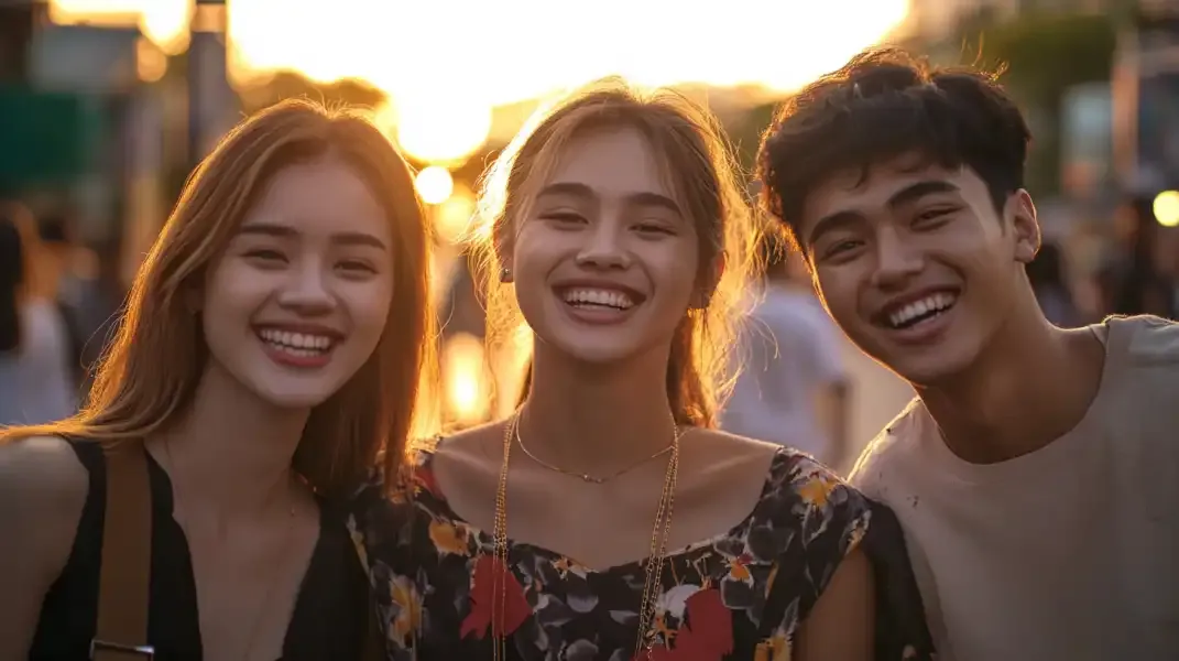 Group of smiling Thai friends walking through a lively street, reflecting joy and togetherness through thoughtful digital gifts.