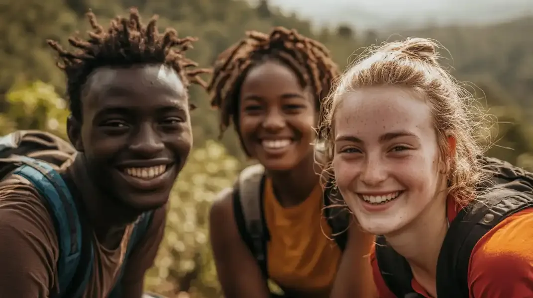 Three smiling young people in Uganda outdoors, symbolizing unity and connection supported by remittances.