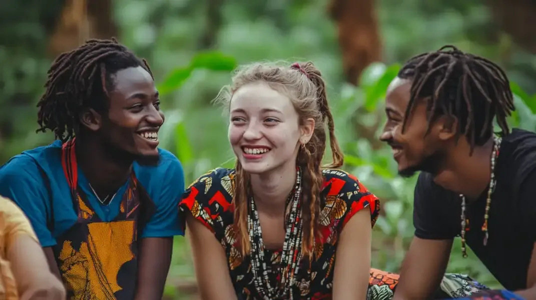 Friends in Uganda laughing together in a green outdoor setting, representing easy communication through mobile top-ups.