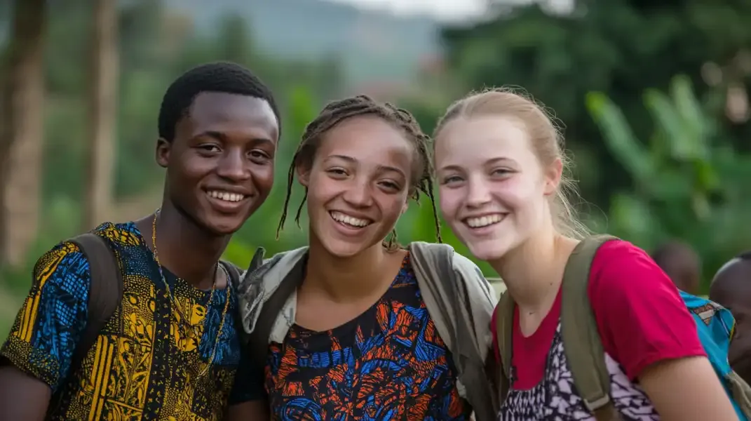 Group of friends smiling outdoors in Uganda, representing happiness and thoughtful connections through digital gift cards.