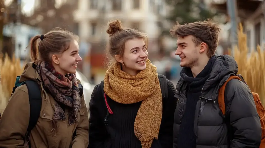 Three young Ukrainians smiling in a golden field at sunset, symbolizing connection and hope.
