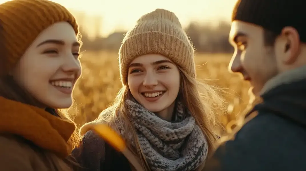Ukrainian friends sharing laughter outdoors on a chilly day, bundled in warm winter clothes.