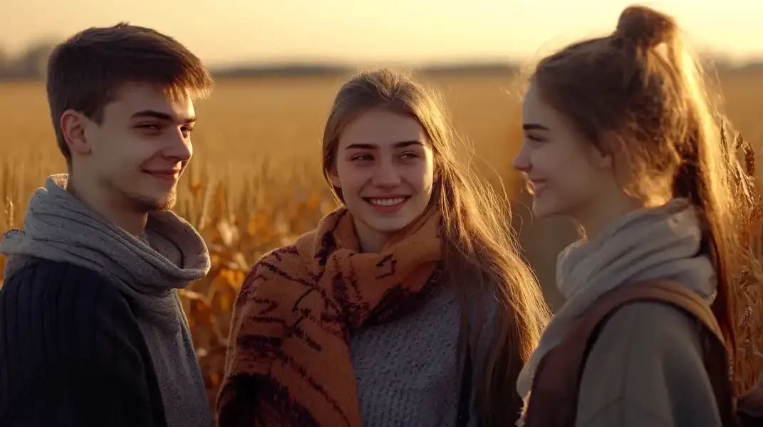 A cheerful group of Ukrainian youths talking together in a cozy city setting during autumn.