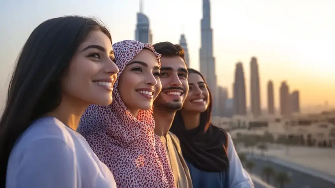 A group of young people smiling together with the Dubai skyline in the background, symbolizing family support and financial connection.