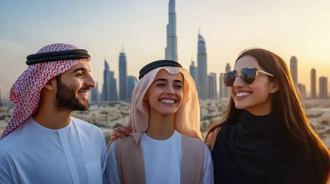 Friends standing outdoors with Dubai’s skyscrapers behind them, enjoying time together and staying connected.