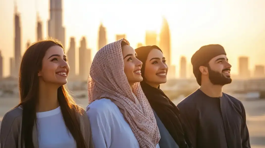 Smiling group of friends in Dubai with modern towers in the background, representing celebration and sharing.
