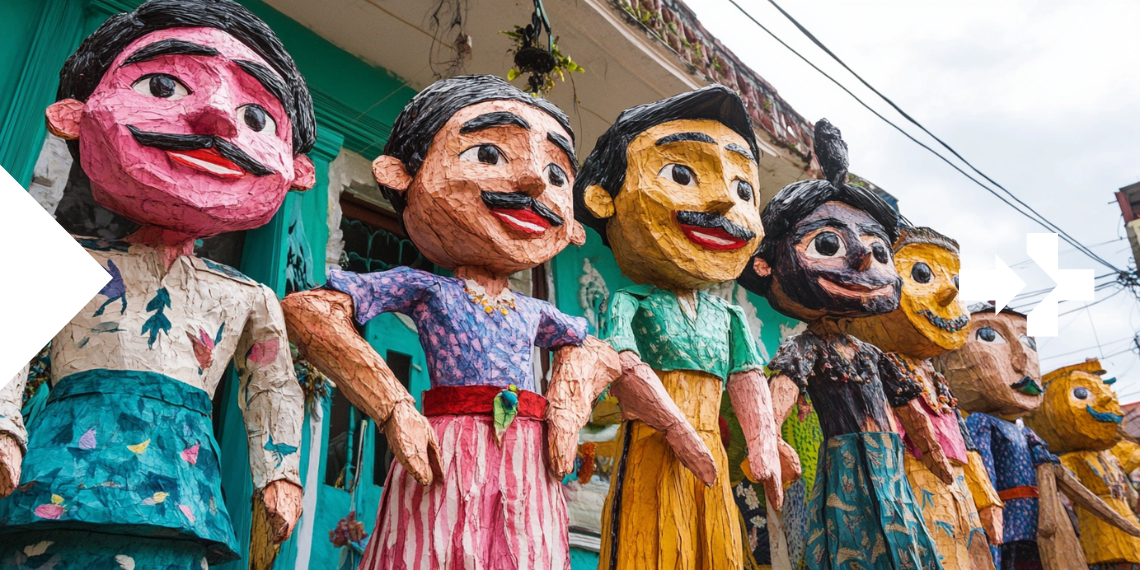 A vibrant display of papier-mâché giants in the Higantes Festival parade in Angono, Philippines, showcasing colorful and intricate designs