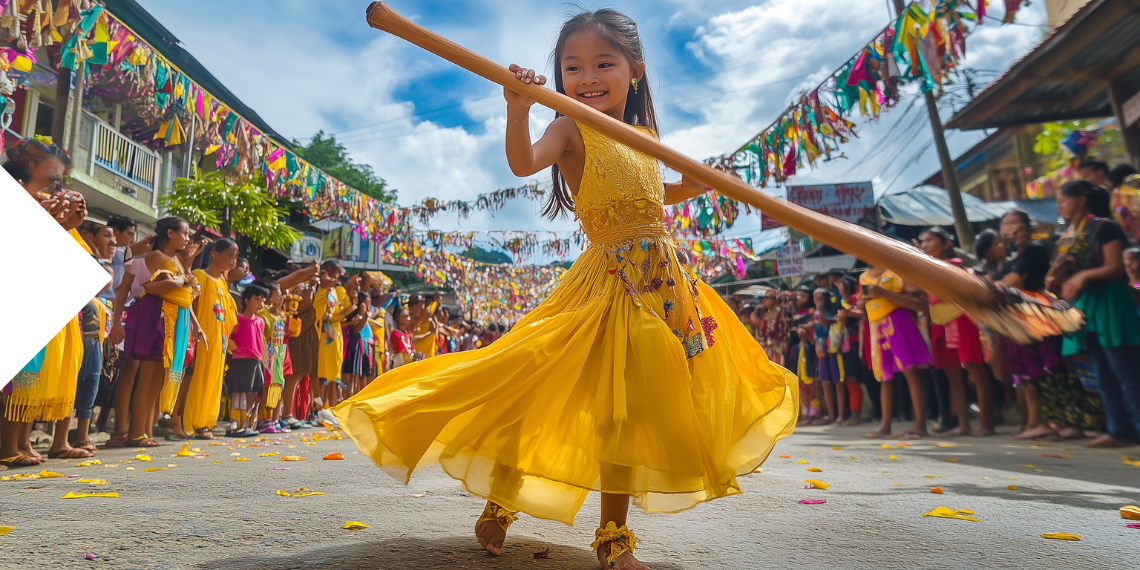 A young girl in a traditional yellow dress joyfully performs in the Higantes Festival parade, surrounded by colorful banners and a cheering crowd