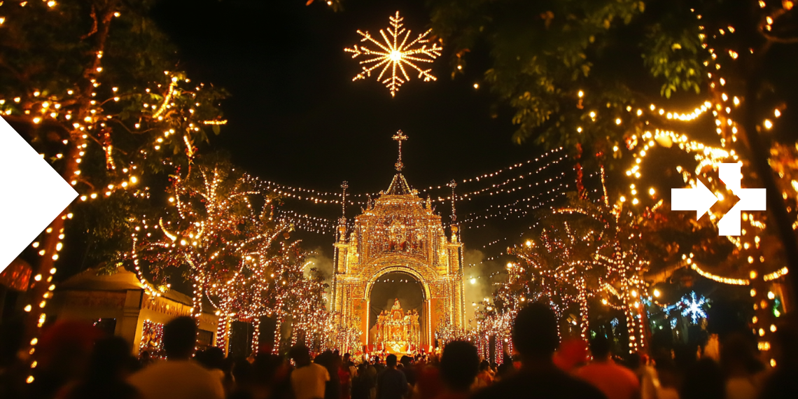 Uma igreja lindamente iluminada com luzes de Natal durante as celebrações do Simbang Gabi, rodeada por decorações festivas e árvores.