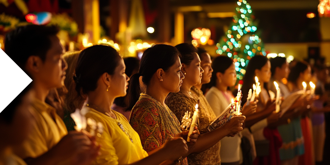 Um grupo de devotos filipinos segurando velas em oração durante a Missa do Simbang Gabi, com uma árvore de Natal decorada ao fundo.