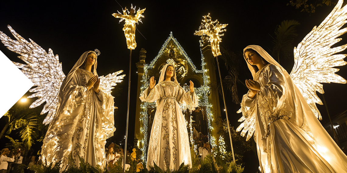 Uma impressionante exibição de anjos e a Sagrada Família rodeados por luzes brilhantes durante a celebração do Simbang Gabi.