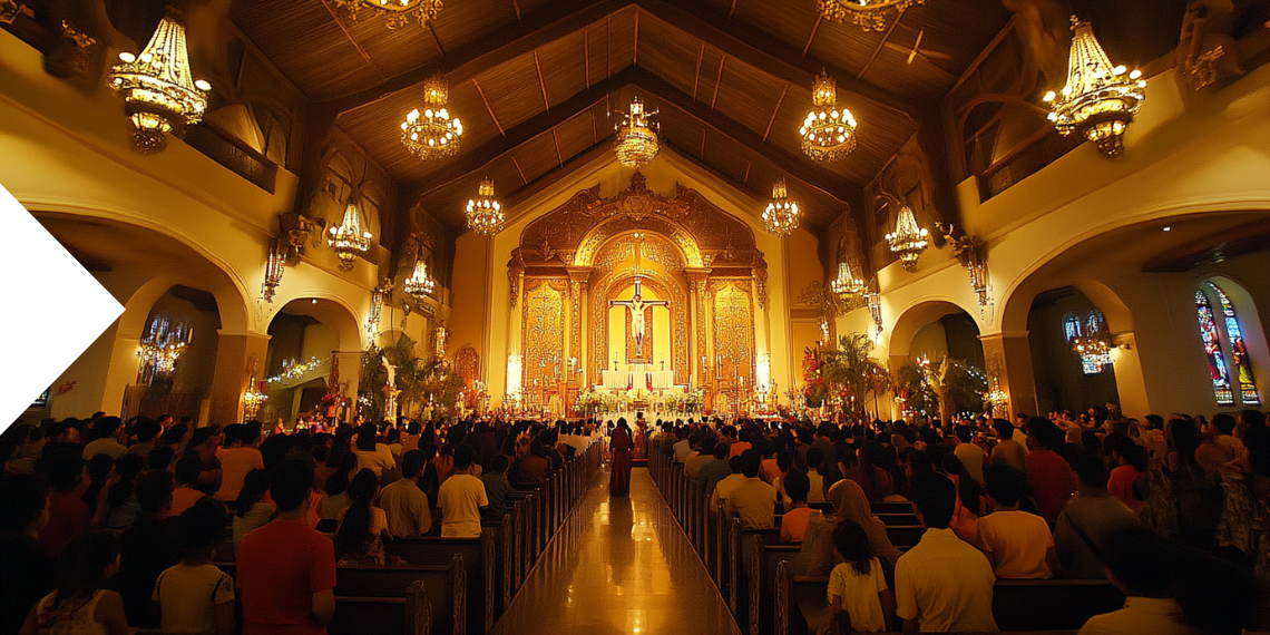 Uma grande multidão de fiéis dentro de uma igreja majestosa assistindo à Missa do Simbang Gabi, com lustres ornamentados e decorações douradas.