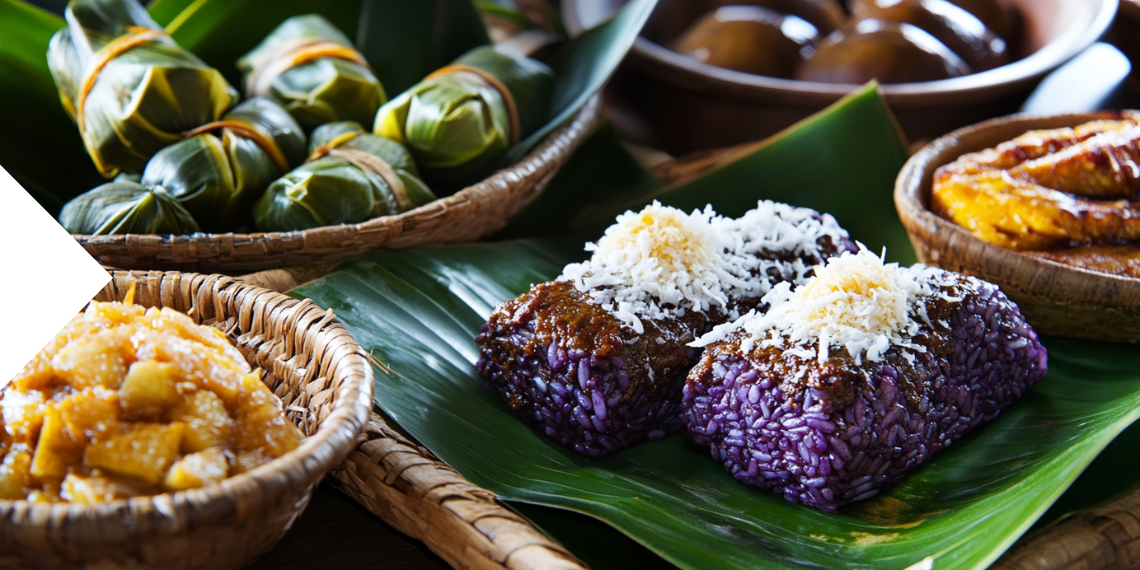 Close de delícias filipinas tradicionais como bibingka, puto bumbong e suman, servidas em folhas de bananeira durante o Simbang Gabi.