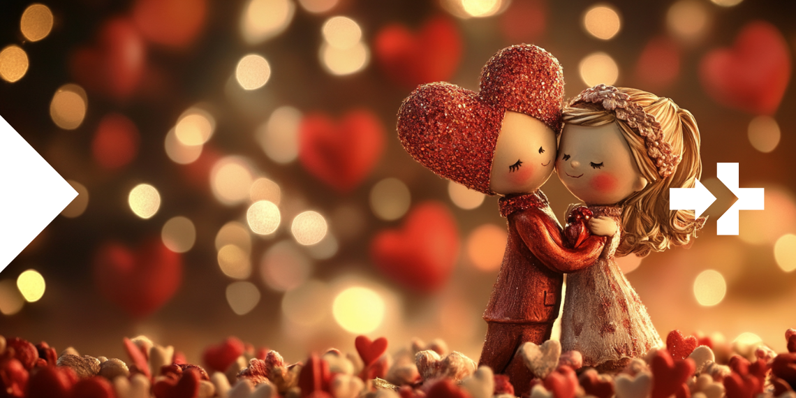 Adorable figurines of a couple embracing, surrounded by red hearts and romantic bokeh lighting, symbolizing Valentine's Day.