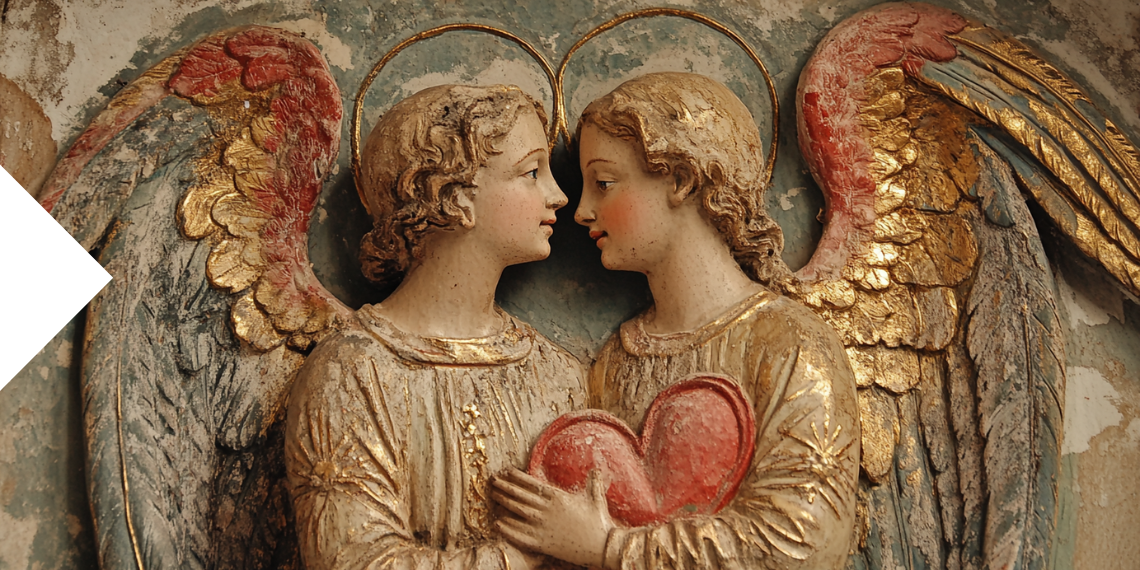 An ornate sculpture of two angels holding a heart, highlighting love and devotion in classical art.