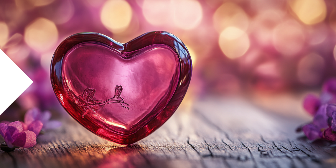 A glass heart on a wooden surface with purple flowers and soft bokeh lights, symbolizing love and Valentine's Day.