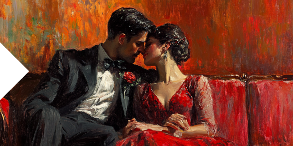 A romantic painting of an elegant couple embracing, with warm colors and an intimate atmosphere, evoking Valentine's Day emotions.