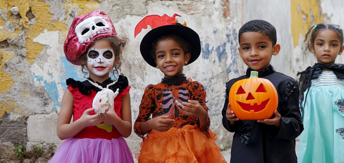 Children celebrating Halloween in colorful costumes in Cuba