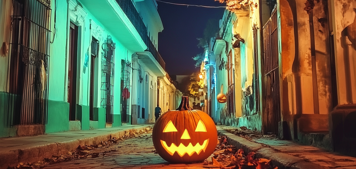 Halloween celebration in a Cuban house with decorations and costumes